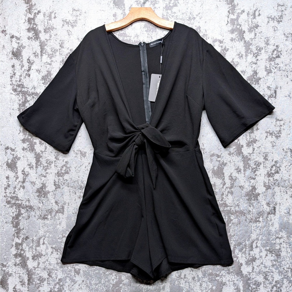 PrettyLittleThing Black Tie Front V Neck Romper US 14 NWT Short Sleeve Playsuit